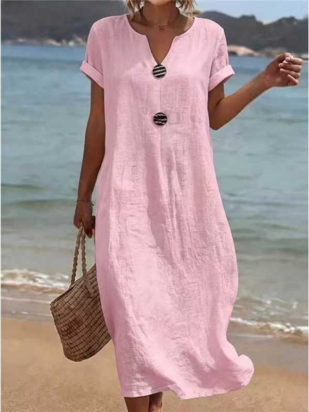 Women's Pink V-Neck Short-Sleeve Relaxed Linen-Look Maxi Dress